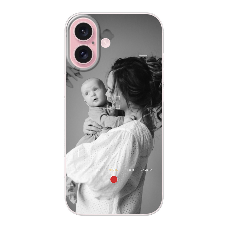 custom telefoonhoesje met zwart-wit foto en speels record frame
