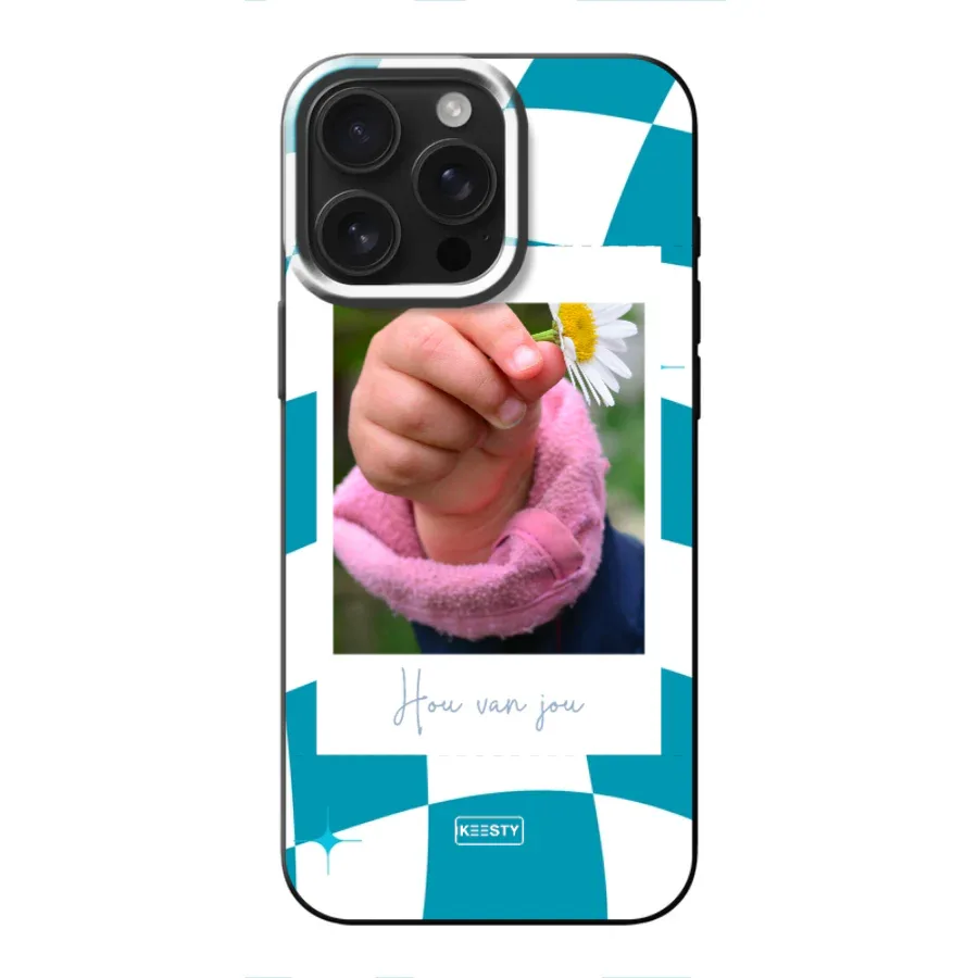 telefoonhoesje ontwerpen met foto en tekst retro blauw 1